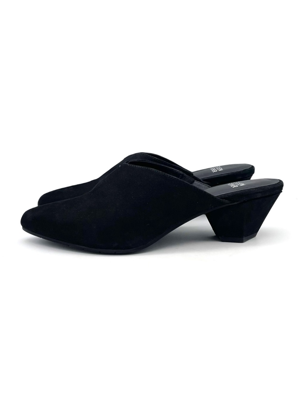 Eileen Fisher Mules Size 8.5 Black Suede Almond Toe Sculpted Block Heel Slip-On